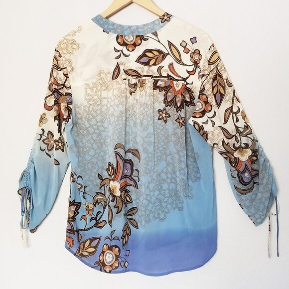 Citron Santa Monica Fall Leaf Silk Blend Blouse Top M Ruched Sleeves Lagenlook - Picture 4 of 16